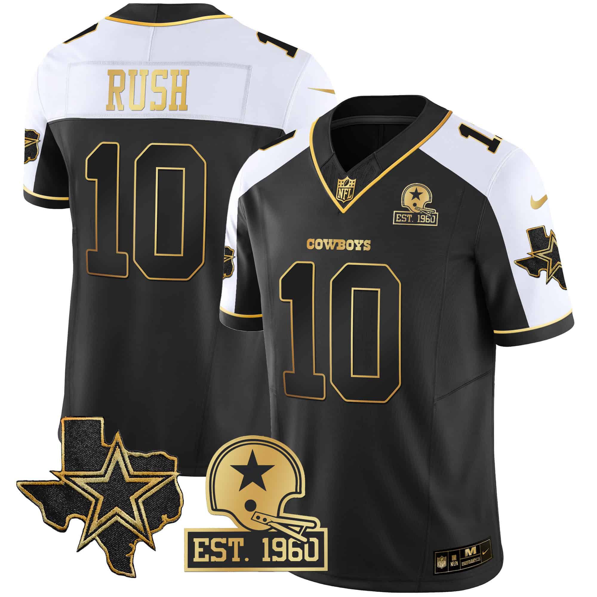 Men Dallas Cowboys #10 Rush Black Gold 2024 Nike Patch Vapor NFL Jersey